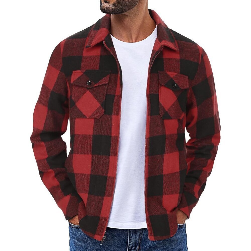 Men Flannel Jackets Full Zip Up Plaid Shirt Shackets Cotton Lightweight Jackets